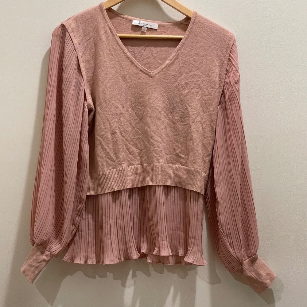 Siani Milano Womens Mauve Pink Mixed Media Pleated Chiffon Knit Top Size M